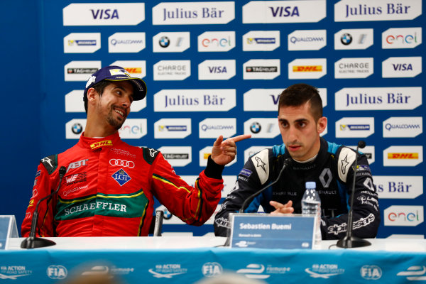 2016/2017 FIA Formula E Championship.
Monte-Carlo, Monaco
Saturday 13 May 2017.
Lucas Di Grassi (BRA), ABT Schaeffler Audi Sport, Spark-Abt Sportsline, ABT Schaeffler FE02, and Sebastien Buemi (SUI), Renault e.Dams, Spark-Renault, Renault Z.E 16, in the Press Conference.
Photo: Sam Bloxham/LAT/Formula E
ref: Digital Image _W6I6881