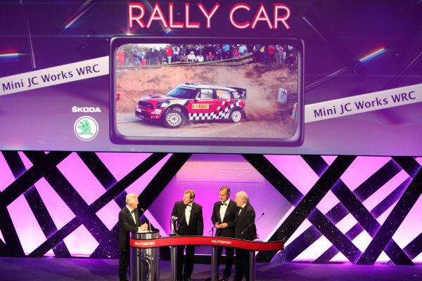 Grosvenor House Hotel, Park Lane, London
4th December 2011
David Richards and Dr Kay Segler accept the Rally Car of the Year award on behalf of the Mini John Cooper Works WRC from Carlos Sainz on the stage.
World Copyright: Glenn Dunbar/LAT Photographic
ref: Digtal Image GD5D0282 Grosvenor House Hotel, Park Lane, London
4th December 2011
David Richards and Dr Kay Segler accept the Rally Car of the Year award on behalf of the Mini John Cooper Works WRC from Carlos Sainz on the stage.
World Copyright: Glenn Dunbar/LAT Photographic
ref: Digtal Image GD5D0282