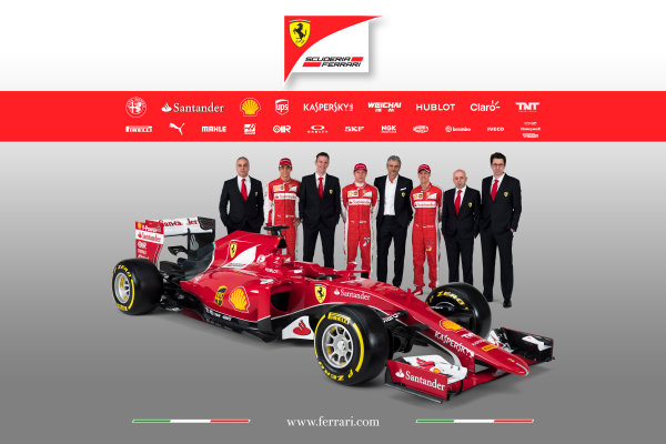Ferrari SF-15T Reveal
30 January 2015
Esteban Gutierrez, Kimi Raikkonen and Sebastian Vettel with Technical Chief James Allison, Team Principal Maurizio Arrivabene and the new Ferrari SF-15T.
Photo: Ferrari (Copyright Free FOR EDITORIAL USE ONLY)
ref: Digital Image 150008eve Ferrari SF-15T Reveal
30 January 2015
Esteban Gutierrez, Kimi Raikkonen and Sebastian Vettel with Technical Chief James Allison, Team Principal Maurizio Arrivabene and the new Ferrari SF-15T.
Photo: Ferrari (Copyright Free FOR EDITORIAL USE ONLY)
ref: Digital Image 150008eve
