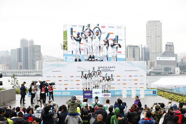 The PRO class (winner Bryan Sellers (USA), Rahal Letterman Lanigan Racing, Katherine Legge (GBR), Rahal Letterman Lanigan Racing, 2nd position, and Sérgio Jimenez (BRA), Jaguar Brazil Racing, 3rd position) celebrate on the podium with the PRO AM class (winner Yaqi Zhang (CHI), Team China, Bandar Alesayi (SAU), Saudi Racing, 2nd position, and Célia Martin (FRE), Viessman Jaguar eTROPHY Team Germany, 3rd position)