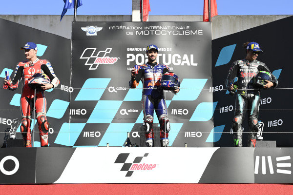 Podium: race winner , Miguel Oliveira, Red Bull KTM Tech 3, second place Jack Miller, Pramac Racing, third place Franco Morbidelli, Petronas Yamaha SRT. Podium: race winner , Miguel Oliveira, Red Bull KTM Tech 3, second place Jack Miller, Pramac Racing, third place Franco Morbidelli, Petronas Yamaha SRT.