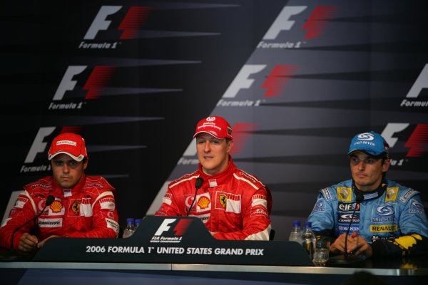 2006 USA Grand Prix - Sunday Race
Indianapolis, Indiana, USA. 29th June - 2nd July.
Felipe Massa, Michael Schumacher, Giancarlo Fisichella, post-race press conference.
World Copyright: Lorenzo Bellanca/LAT Photographic
ref: Digital Image ZD2J9355