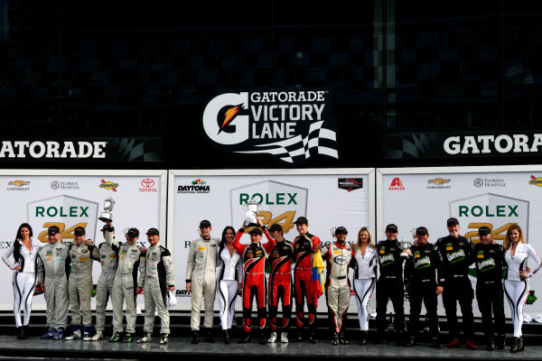 2017 Rolex 24 Hours.
Daytona, Florida, USA
Sunday 29 January 2017.
Podium PC: Race winner #38 Performance Tech Motorsports ORECA FLM09: James French, Kyle Mason, Patricio O'Ward, Nicholas Boulle; second place #26 BAR1 Motorsports Oreca FLM09: Adam Merzon, Johnny Mowlem, Tom Papadopoulos, Trent Hindman, David Cheng; third place #20 BAR1 Motorsports ORECA FLM09: Don Yount, Buddy Rice, Mark Kvamme, Chapman Ducote, Gustavo Yacaman
World Copyright: Alexander Trienitz/LAT Images
ref: Digital Image 2017-24h-Daytona-AT1-6069 2017 Rolex 24 Hours.
Daytona, Florida, USA
Sunday 29 January 2017.
Podium PC: Race winner #38 Performance Tech Motorsports ORECA FLM09: James French, Kyle Mason, Patricio O'Ward, Nicholas Boulle; second place #26 BAR1 Motorsports Oreca FLM09: Adam Merzon, Johnny Mowlem, Tom Papadopoulos, Trent Hindman, David Cheng; third place #20 BAR1 Motorsports ORECA FLM09: Don Yount, Buddy Rice, Mark Kvamme, Chapman Ducote, Gustavo Yacaman
World Copyright: Alexander Trienitz/LAT Images
ref: Digital Image 2017-24h-Daytona-AT1-6069