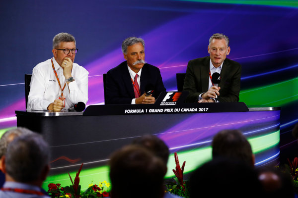 Circuit Gilles Villeneuve, Montreal, Canada.
Friday 09 June 2017.
Ross Brawn, Managing Director of Motorsports, FOM, Chase Carey, Chairman, Formula One and Sean Bratches, Managing Director of Commercial Operations, Formula One Group, in the Friday Press Conference.
World Copyright: Steven Tee/LAT Images
ref: Digital Image _R3I0095 Circuit Gilles Villeneuve, Montreal, Canada.
Friday 09 June 2017.
Ross Brawn, Managing Director of Motorsports, FOM, Chase Carey, Chairman, Formula One and Sean Bratches, Managing Director of Commercial Operations, Formula One Group, in the Friday Press Conference.
World Copyright: Steven Tee/LAT Images
ref: Digital Image _R3I0095